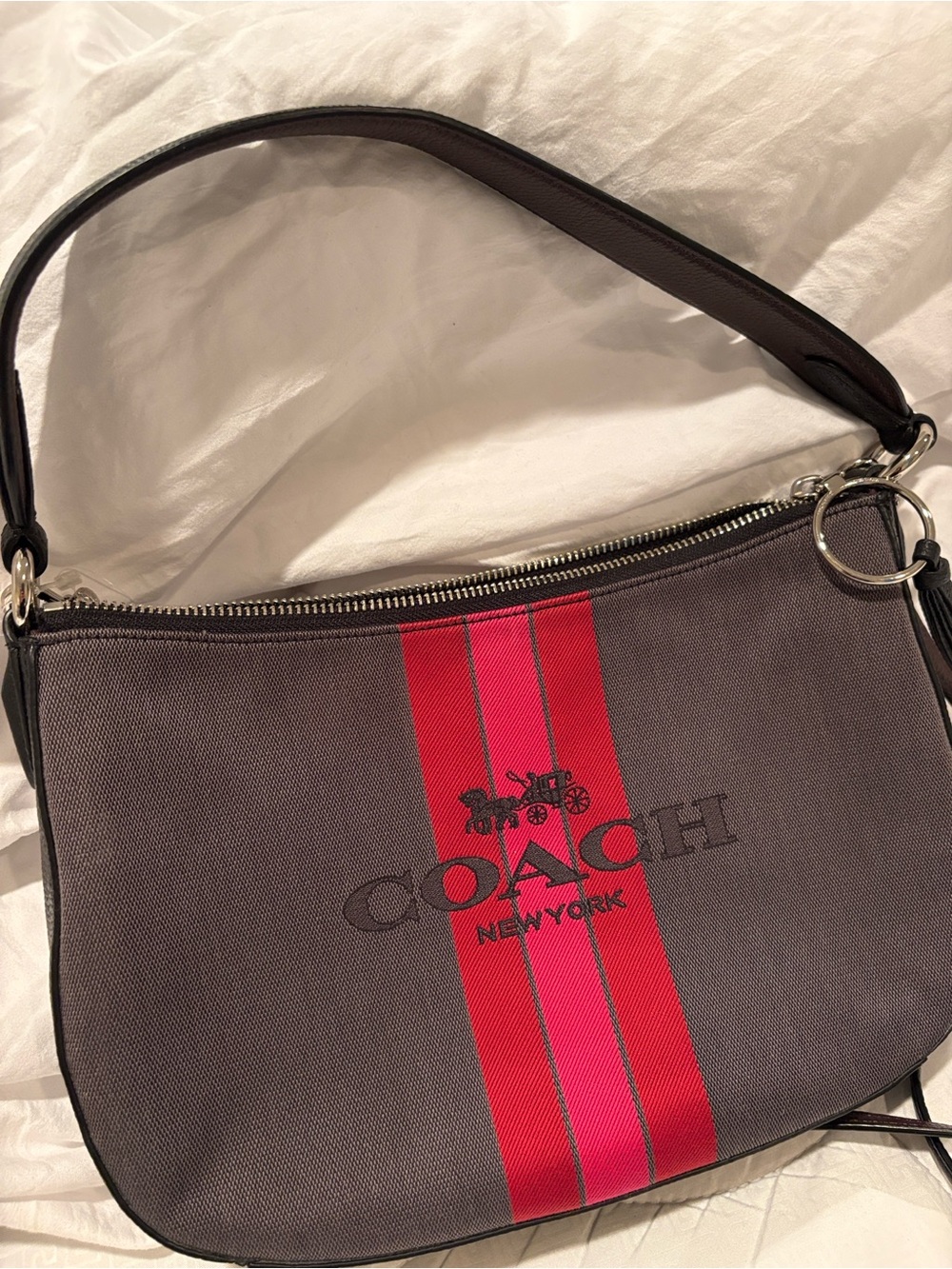 Coach Horse and Carriage Jacquard Sutton Crossbody Bag Pink & Red Center Stripe - Picture 5 of 16